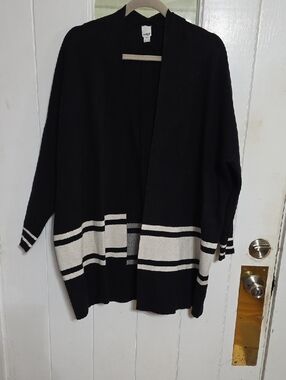 NVLT Women's Cardigan Sweater Black/White Stripes Open Front Cozy Sz M GUC *READ
